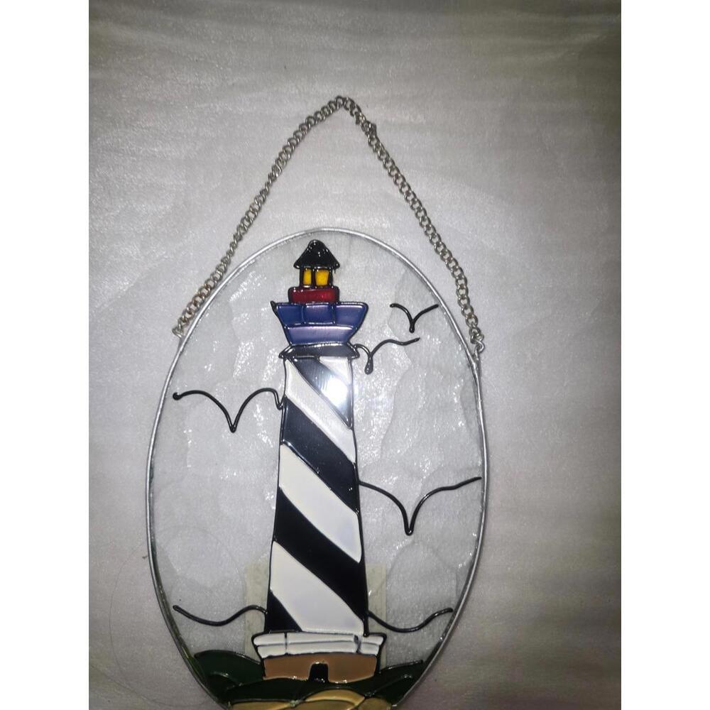 Black White Lighthouse Stained Glass Suncatcher Coastal Nautical Decor